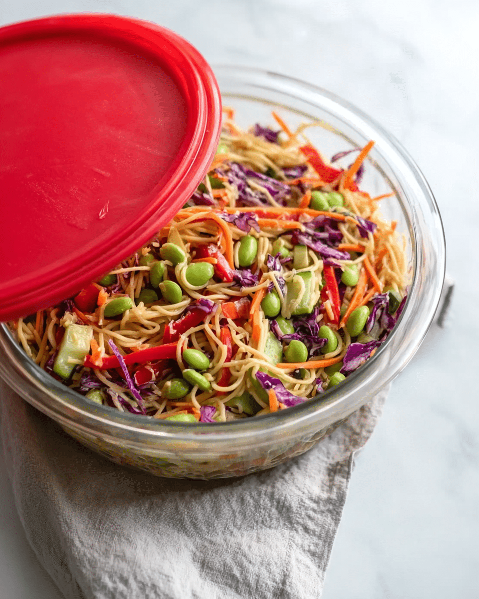 A clear glass bowl filled with a colorful noodle salad containing green edamame, thin orange carrot strips, purple cabbage shreds, and light beige noodles mixed with red bell pepper slices and cucumber pieces. A red plastic lid is partially covering the bowl from the top left side, and a woman's hand is lifting the lid. The bowl is placed on a white marbled surface with a soft light grey cloth nearby. The image is bright and fresh-looking, photo taken with an iphone --ar 4:5 --v 7