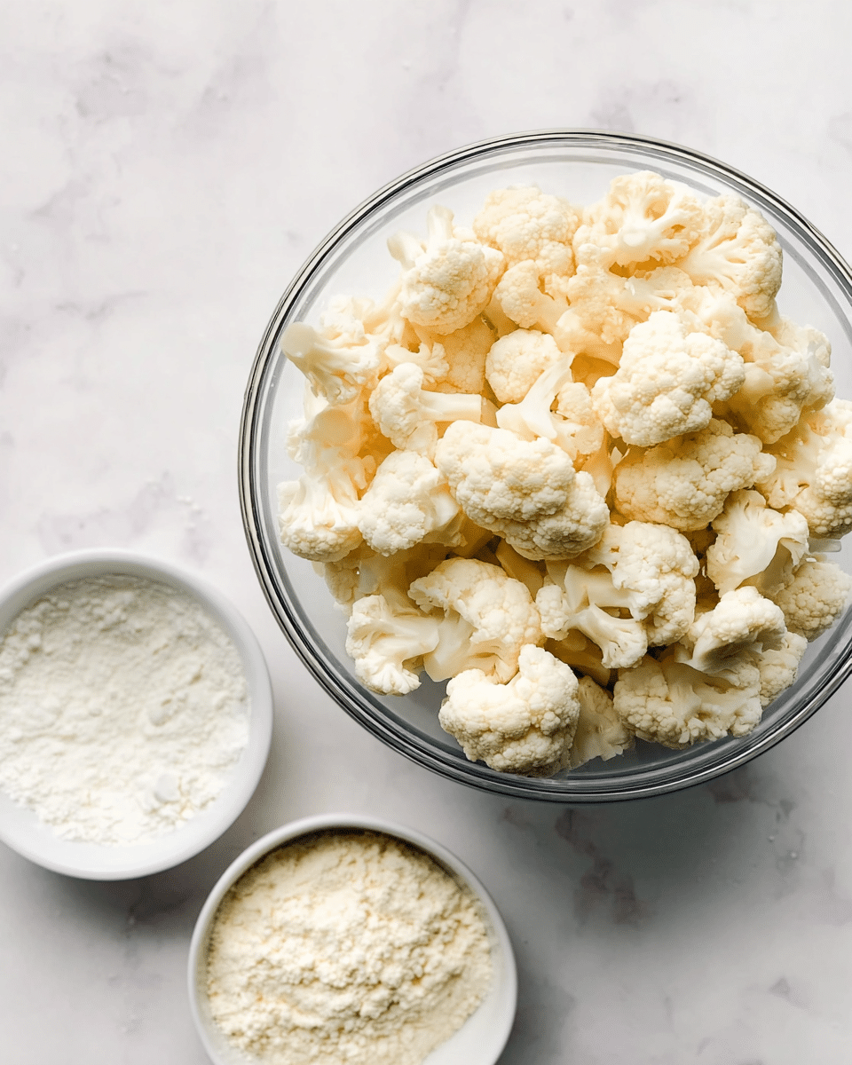 A clear glass bowl filled with many small white cauliflower florets, showing the detailed texture of each piece. To the left, there are two small white bowls placed on a white marbled surface; one bowl contains a smooth white powder, and the other is filled with a creamy white substance. The overall color scheme is light with off-white and pale yellow tones, and the textures contrast between the rough cauliflower florets and the fine powders and cream. Photo taken with an iphone --ar 4:5 --v 7