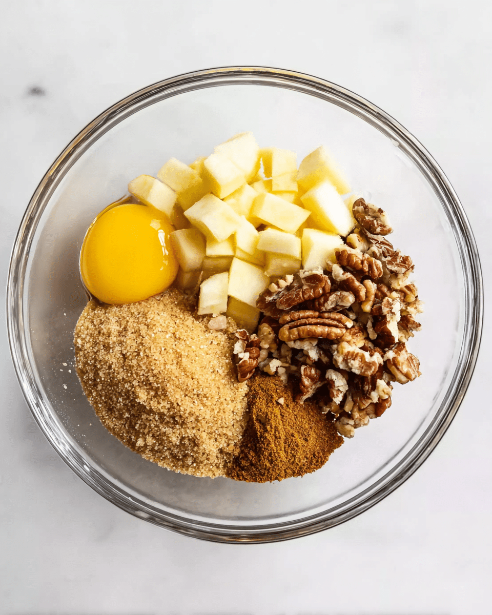 A clear glass bowl sits on a white marbled surface filled with five separate layers of ingredients. On the left, there is a whole raw egg with a bright yellow yolk and clear egg white. Next to it, there are small pale yellow apple cubes arranged in a neat pile. In the lower center, there is a mound of light brown sugar with a soft, grainy texture. To the right of the sugar, there is a small pile of ground cinnamon displaying a rich brown color. Finally, there is a heap of chopped pecans with a mix of dark and light brown pieces, showing some texture and irregular shapes. photo taken with an iphone --ar 4:5 --v 7