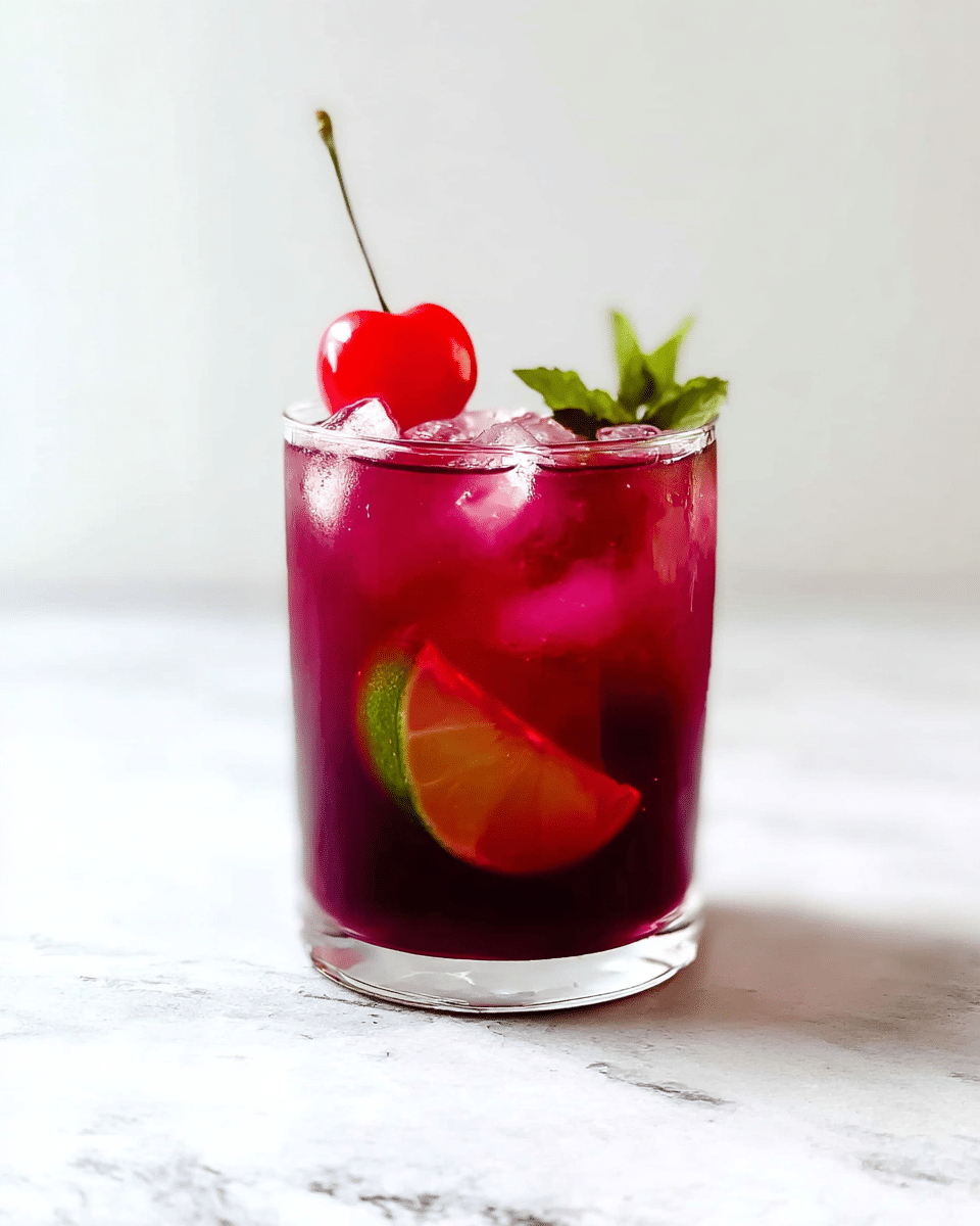 A clear glass filled with a deep purple-red drink with several ice cubes floating inside. A thin slice of lime is pressed against the inner side of the glass near the bottom. On top, one bright red cherry with a long stem and a small green mint leaf sit as garnish. The glass is placed on a white marbled surface with a plain white background. Photo taken with an iphone --ar 4:5 --v 7