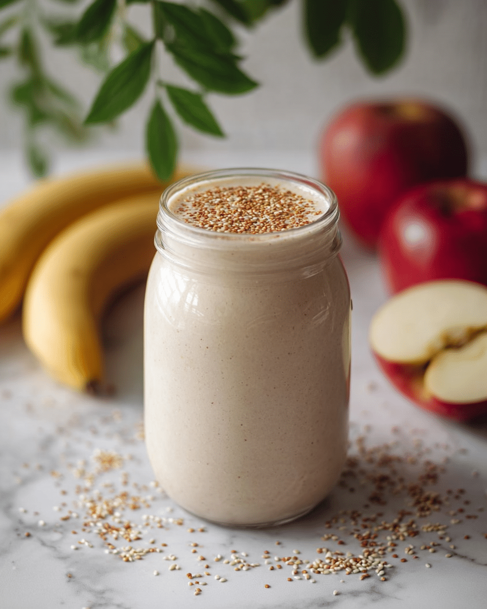 A clear glass jar filled with a thick, light beige smoothie made from blended ingredients like banana and apple, topped with a sprinkle of small, light brown seeds. The jar sits on a white marbled surface scattered with some of the same seeds. In the background, there are ripe bananas lying to the left and red apples, one cut in half, on the right side, slightly out of focus. A few green leaves hang down from the top, adding a fresh feel to the scene. Photo taken with an iphone --ar 4:5 --v 7