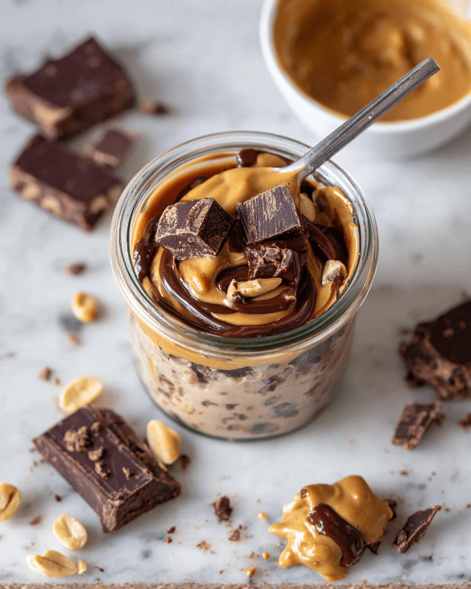 A clear glass jar shows a layered dessert with a base of creamy chocolate mixture mixed with small pieces, topped with a smooth swirl of golden peanut butter sauce flowing over it. There are chunks of dark chocolate pieces and a few scattered peanuts sitting on top. A silver spoon is stuck inside the jar, slightly angled, ready for eating. Around the jar on a white marbled surface are more broken dark chocolate pieces and whole peanuts, with a white bowl with some more peanut butter sauce to the side. Photo taken with an iphone --ar 4:5 --v 7