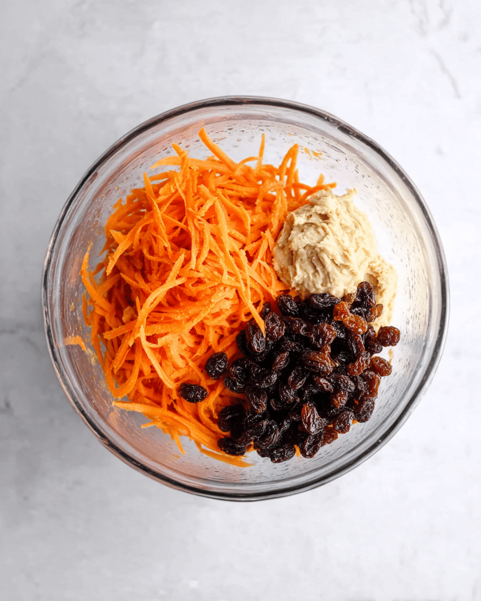 A clear glass mixing bowl is filled with three main layers: a bright orange pile of shredded carrots on the left, a cluster of dark brown raisins on the right, and a light beige creamy mixture placed on top near the carrots and raisins. The bowl sits on a white marbled textured surface, seen from above. photo taken with an iphone --ar 4:5 --v 7
