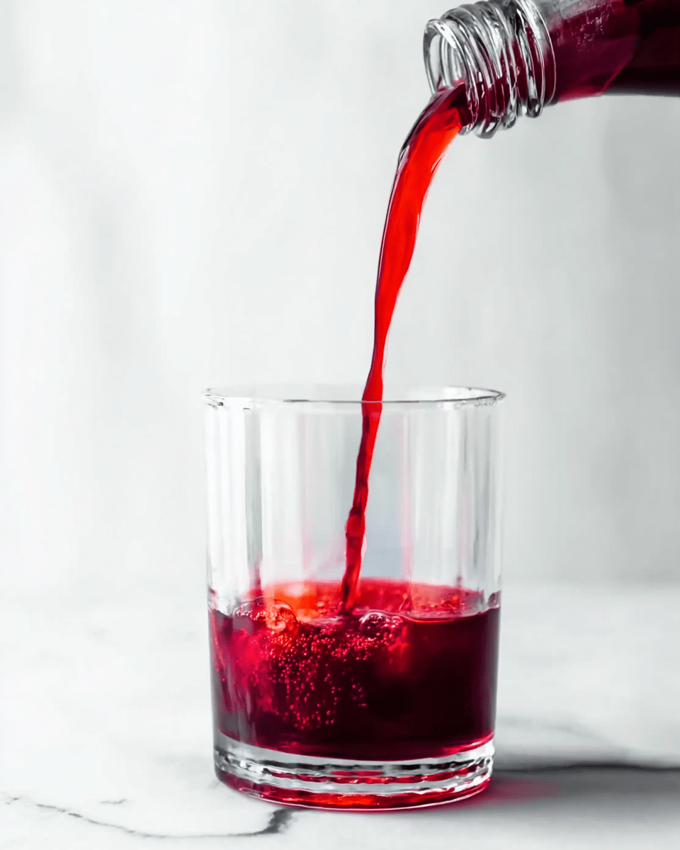 A clear glass tumbler is placed on a white marbled surface, and a deep red liquid is being poured into it from a bottle decorated with red cherries near the opening. The liquid creates small bubbles on the surface as it fills the bottom of the glass. The scene is bright with a clean white background, highlighting the rich red color of the drink flowing smoothly into the glass. photo taken with an iphone --ar 4:5 --v 7