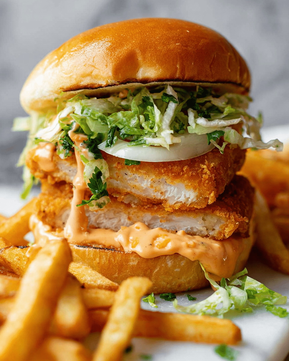 A close-up image of a crispy fried fish sandwich on a white bun, cut in half to show inside layers. The bottom bun holds a golden brown crispy fish patty with a creamy orange sauce beneath it. On top of the fish patty is a layer of shredded green lettuce, then slices of white onion, followed by a thick fish filet with visible bits of green herbs inside. Above the fish filet is a layer of creamy orange sauce topped with more shredded lettuce, then the soft top bun. The sandwich is surrounded by golden crispy French fries, with some shredded lettuce scattered around, all set on a white marbled surface. Photo taken with an iphone --ar 4:5 --v 7