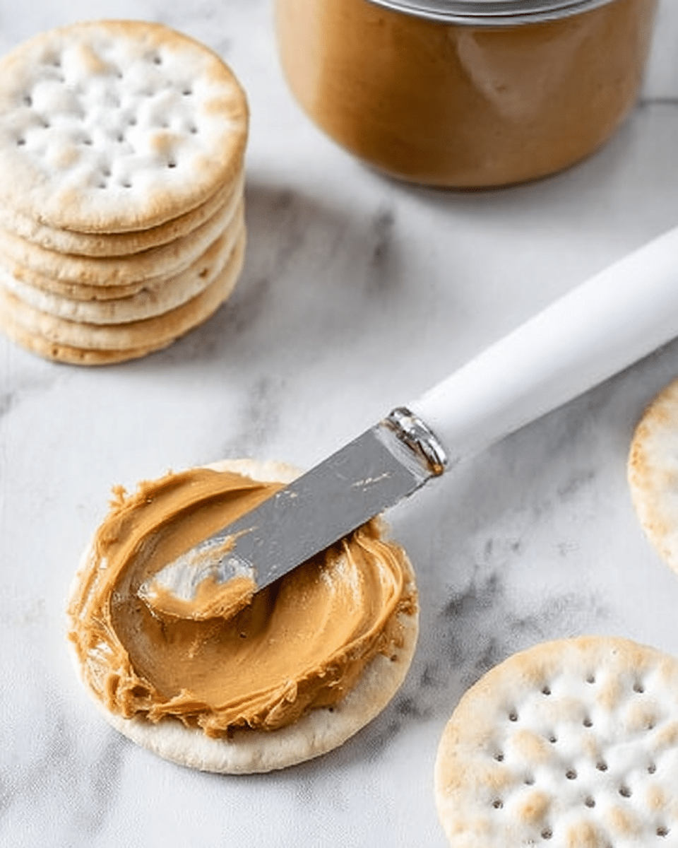 A close-up image shows one white round cracker on a white marbled surface with a smooth light brown peanut butter spread evenly on top. Next to it is a white-handled butter knife resting on the surface, with some peanut butter on the blade and a metal jar of peanut butter nearby. In the background, there is a small stack of plain white round crackers, some overlapping each other. The scene looks simple and clean, focused on the cracker with peanut butter. photo taken with an iphone --ar 4:5 --v 7