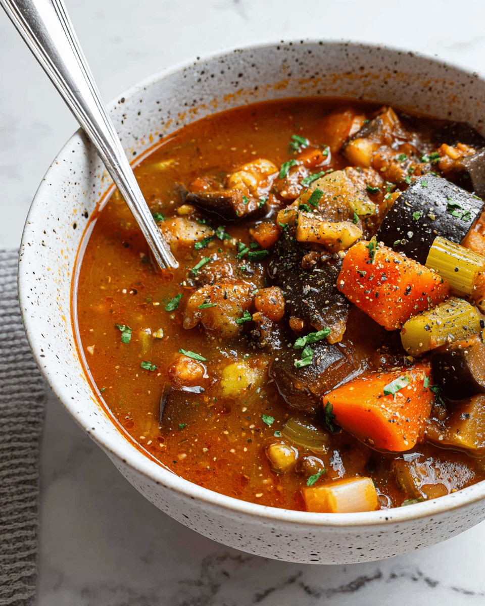 A close-up of a white speckled bowl filled with a thick stew showing at least four layers: the base layer is a reddish-brown broth with visible herbs and spices; above it are chunks of dark brown eggplant pieces with a soft texture; bright orange carrot slices and yellow celery pieces are mixed in, adding brightness and texture; the top layer is scattered small green herbs and coarse black pepper for garnish. A silver spoon is partially placed inside the bowl on the left side, and the bowl sits on a white marbled surface. Photo taken with an iphone --ar 4:5 --v 7