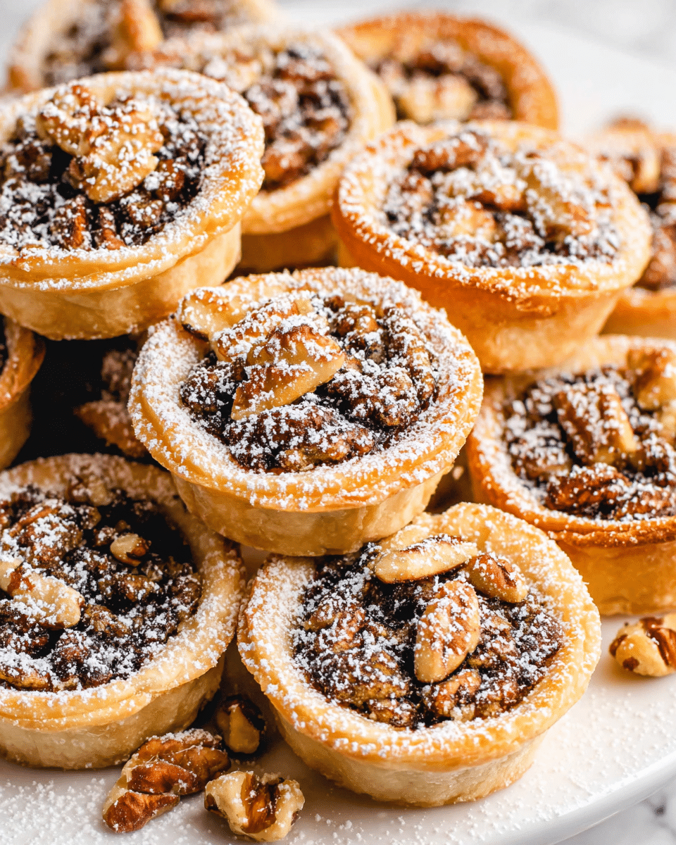 A close-up of many small round tarts stacked closely together on a white plate, each tart has three visible layers: a light golden flaky crust forming the base and sides, a dark brown nut filling layer full of chopped nuts and syrupy bits in the middle, and a light dusting of white powdered sugar sprinkled over the top. Some small pieces of nuts are scattered around the plate. The background is a white marbled surface. photo taken with an iphone --ar 4:5 --v 7