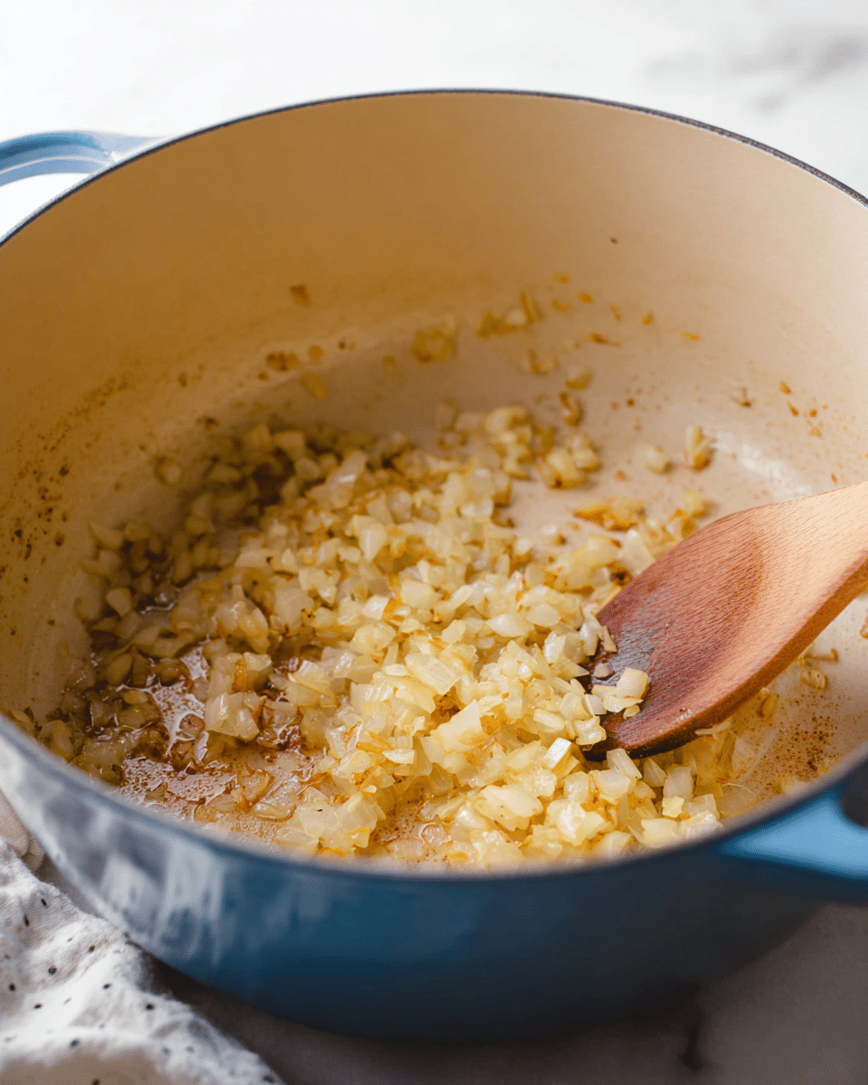 A close-up view inside a large light beige pot with a blue handle at the side shows small pieces of cooked onions that are golden and slightly browned, scattered unevenly along the pot's curved inner surface. A wooden spoon with natural wood grain coloring is stirring the onions near the right side of the pot. The pot sits on a plain, white marbled surface, with a whitish cloth with light gray spots blurred in the background. The lighting is soft and natural, highlighting the texture of the onions. photo taken with an iphone --ar 4:5 --v 7