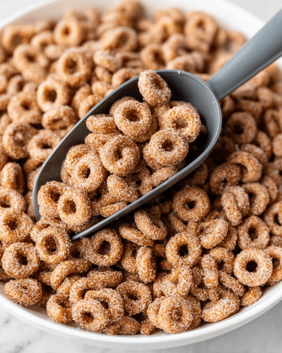 A close-up view of a large pile of small round cereal loops coated with a light brown cinnamon sugar powder texture, filling the entire white bowl. A dark gray scoop is placed on top of the cereal, holding a generous amount of the same coated cereal rings. The cereal has a crunchy, rough surface with visible granules of sugar and cinnamon evenly spread on each loop. The bowl is resting on a white marbled surface. photo taken with an iphone --ar 4:5 --v 7