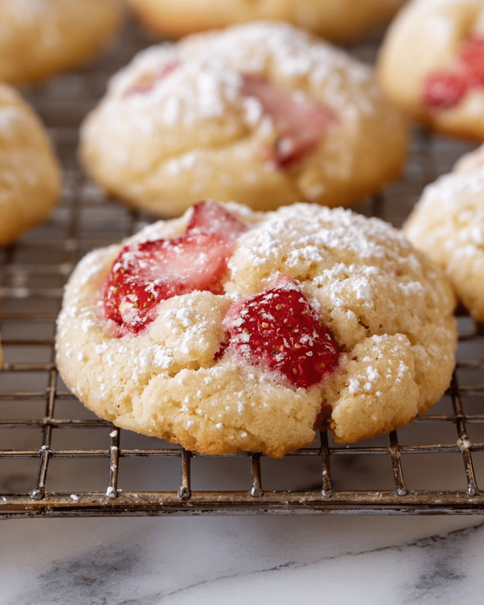 A close-up view of a soft, round cookie resting on a metal cooling rack over a white marbled surface. The cookie is light golden brown with a slightly bumpy texture. It shows bright red chunks of strawberries peeking out on the top layer. A light dusting of powdered sugar covers the entire cookie, adding a delicate white layer on top and enhancing the soft texture. Other similar cookies can be seen blurry in the background, also resting on the cooling rack. photo taken with an iphone --ar 4:5 --v 7