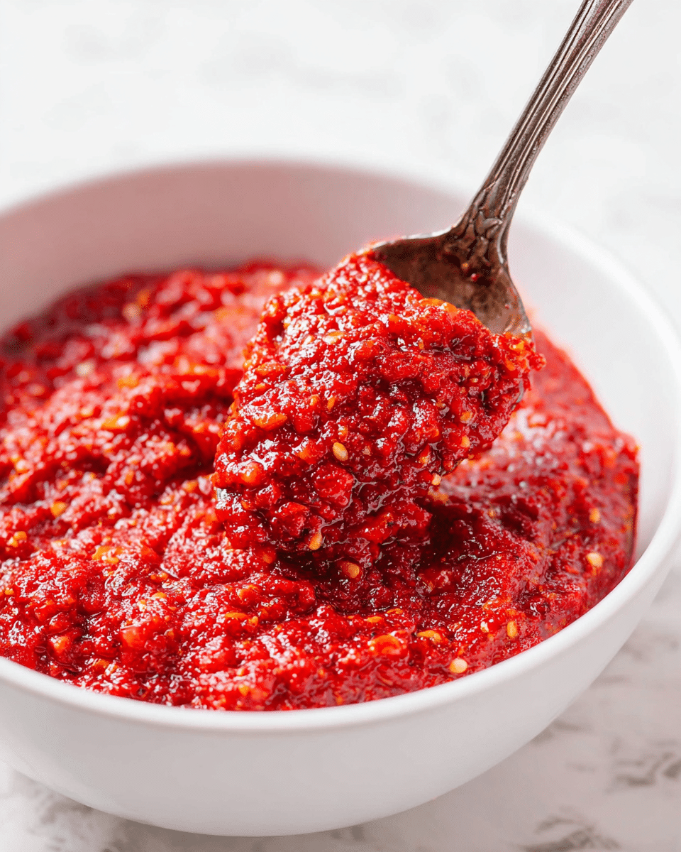 A close-up view of a white bowl filled with bright red chunky sauce that has a textured mix of small bits and soft pieces, looking thick and moist. An old-looking metal spoon is lifting a large scoop of the sauce from the bowl, showing the rich, uneven surface with tiny bits of seeds and fruit mixed inside. The background surface is a white marbled texture, giving a clean and simple look. photo taken with an iphone --ar 4:5 --v 7