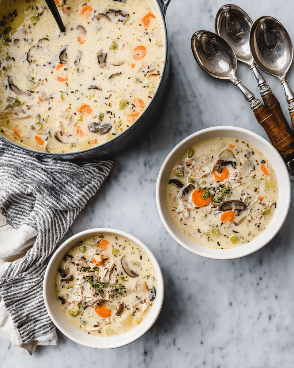 A creamy soup with a white base filled with layers of sliced orange carrots, light green celery, dark brown mushrooms, and shredded light pink meat, served in two white bowls placed on a white marbled surface. The soup looks thick with visible bits of herbs and grains. Next to the bowls, there is a large pot filled with the same soup, showing similar layers and texture. A striped cloth with two silver spoons with wooden handles lies near the bowls, and two more silver spoons with metal handles are placed near the pot. Photo taken with an iphone --ar 4:5 --v 7