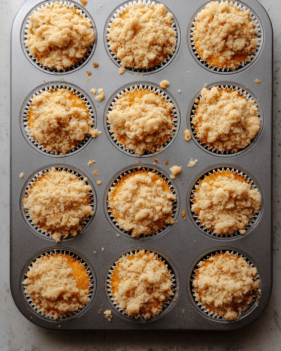 A metal muffin tray holds twelve paper liners filled with orange batter, each topped with a generous layer of light tan crumbly topping that looks unevenly spread and rough in texture. The muffin tray rests on a white marbled surface, and stray crumbs are scattered around the cups, adding a touch of messiness. The orange batter contrasts softly with the beige crumb layer on top, creating a warm and inviting appearance. photo taken with an iphone --ar 4:5 --v 7