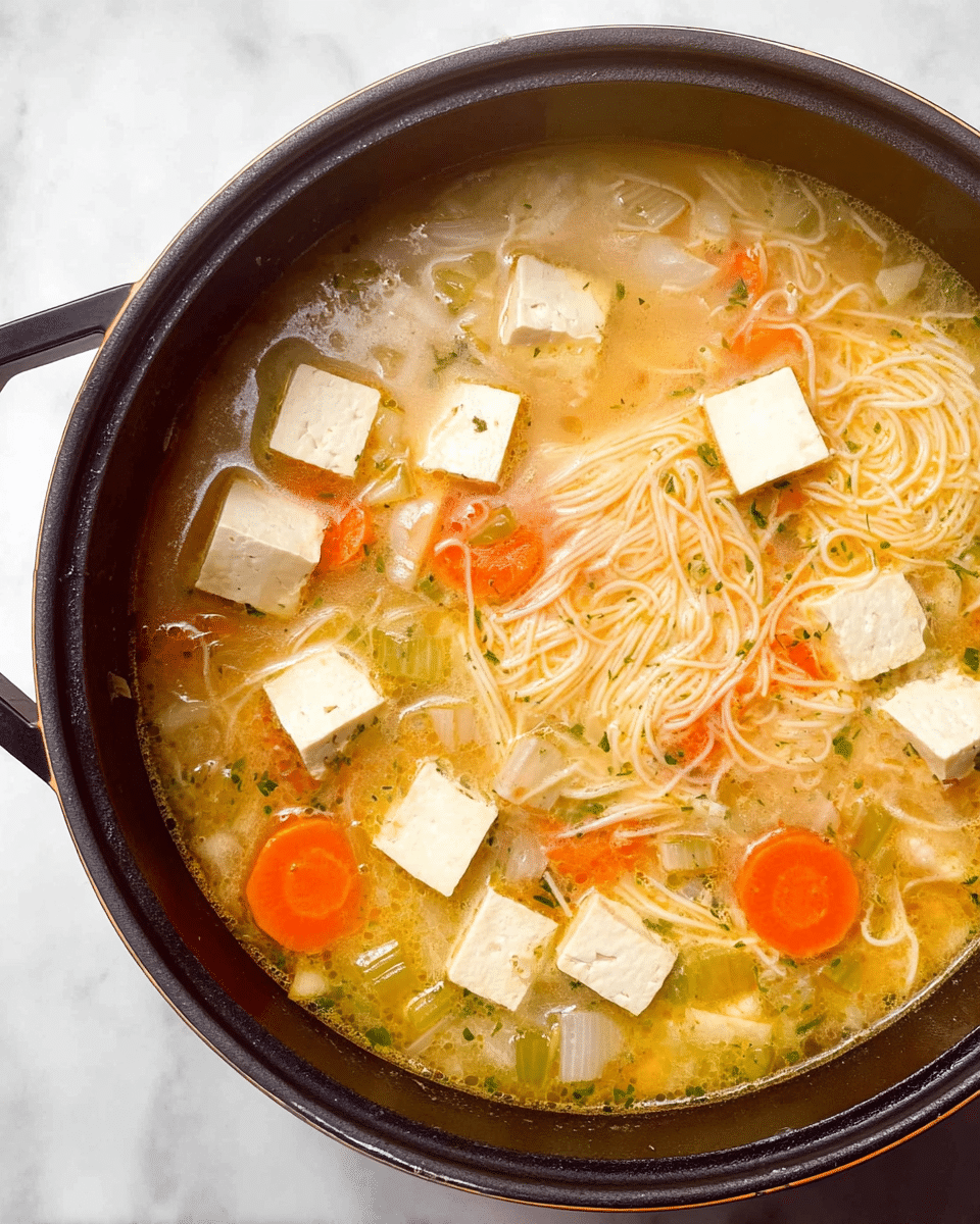 A pot filled with a light orange broth contains thin white noodles floating mostly on the upper right side. Large white tofu cubes are scattered evenly across the soup, with some near the center and others closer to the edges. Bright orange carrot slices and light green celery pieces are mixed throughout, adding pops of color. Small bits of translucent white onion and tiny specks of green herbs are also visible in the broth. The pot has a thick black rim and sits on a white marbled surface. photo taken with an iphone --ar 4:5 --v 7
