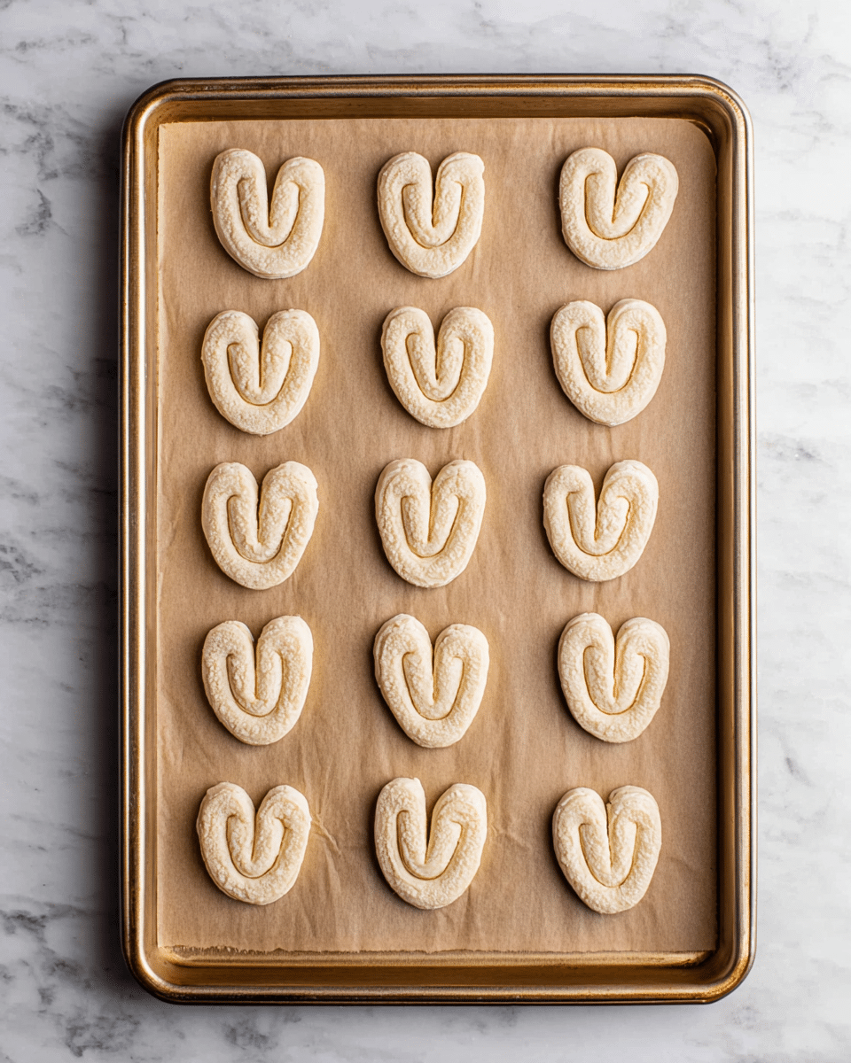 A rectangular baking tray with a light bronze color holds fifteen small raw cookies arranged in a 3 by 5 grid on brown parchment paper. Each cookie is shaped like a double spiral or butterfly with smooth, pale dough and slightly textured edges. The cookies are evenly spaced, and the tray rests on a white marbled surface with soft gray veins, giving a clean kitchen feel. photo taken with an iphone --ar 4:5 --v 7