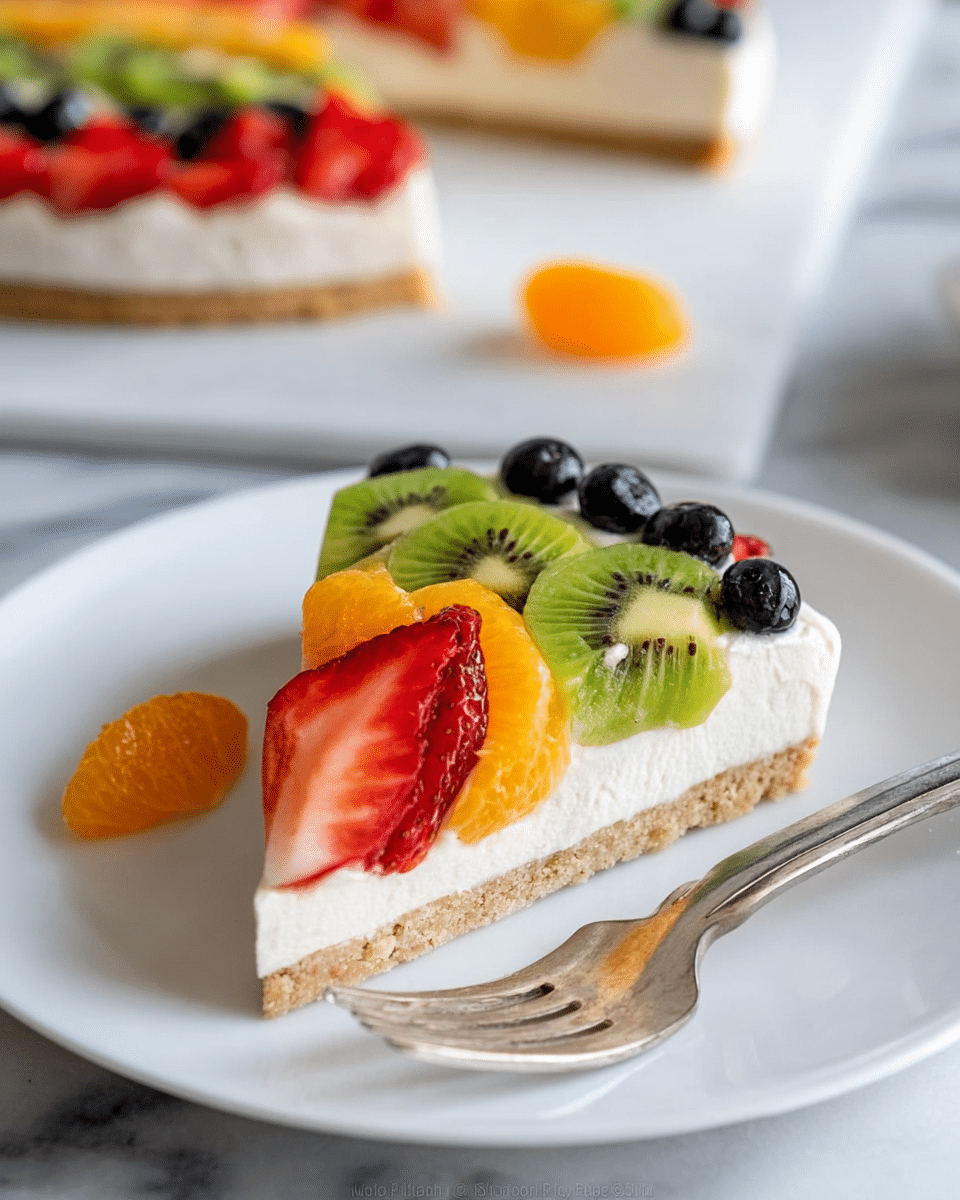 A single slice of fruit dessert is placed on a white plate with a silver fork beside it. The dessert has three layers: a light brown cookie base at the bottom, a thick white creamy layer in the middle, and on top, different fresh fruit slices arranged in rows. The fruits include bright red strawberry slices, green kiwi slices with black seeds, and small round dark blue blueberries. A small piece of orange fruit rests near the fork. In the background, more of the dessert is visible with the same fruit toppings on a white marbled surface. Photo taken with an iphone --ar 4:5 --v 7