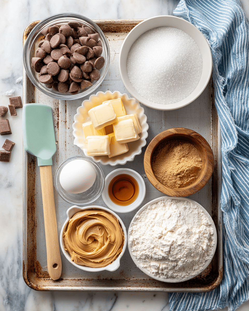 A top-down view of various baking ingredients arranged on a worn, rusty metal baking sheet placed on a white marbled surface. There is a clear glass bowl filled with large milk chocolate drops in the top left, next to a white round bowl full of granulated white sugar. In the center, a fluted white small dish holds several pale yellow butter cubes. To the right of it, a small white bowl contains a dark amber liquid, likely vanilla extract. Below, a white ramekin has creamy light brown peanut butter with swirls. An uncooked white egg sits next to a small wooden bowl filled with white baking soda or powder. Near the lower edge, a clear bowl is heaped with white flour, while a smaller clear bowl beside it contains brown sugar. A pale green spatula with a wooden handle rests on the left side on the baking sheet. A blue and white striped cloth is partially visible at the top right corner. photo taken with an iphone --ar 4:5 --v 7