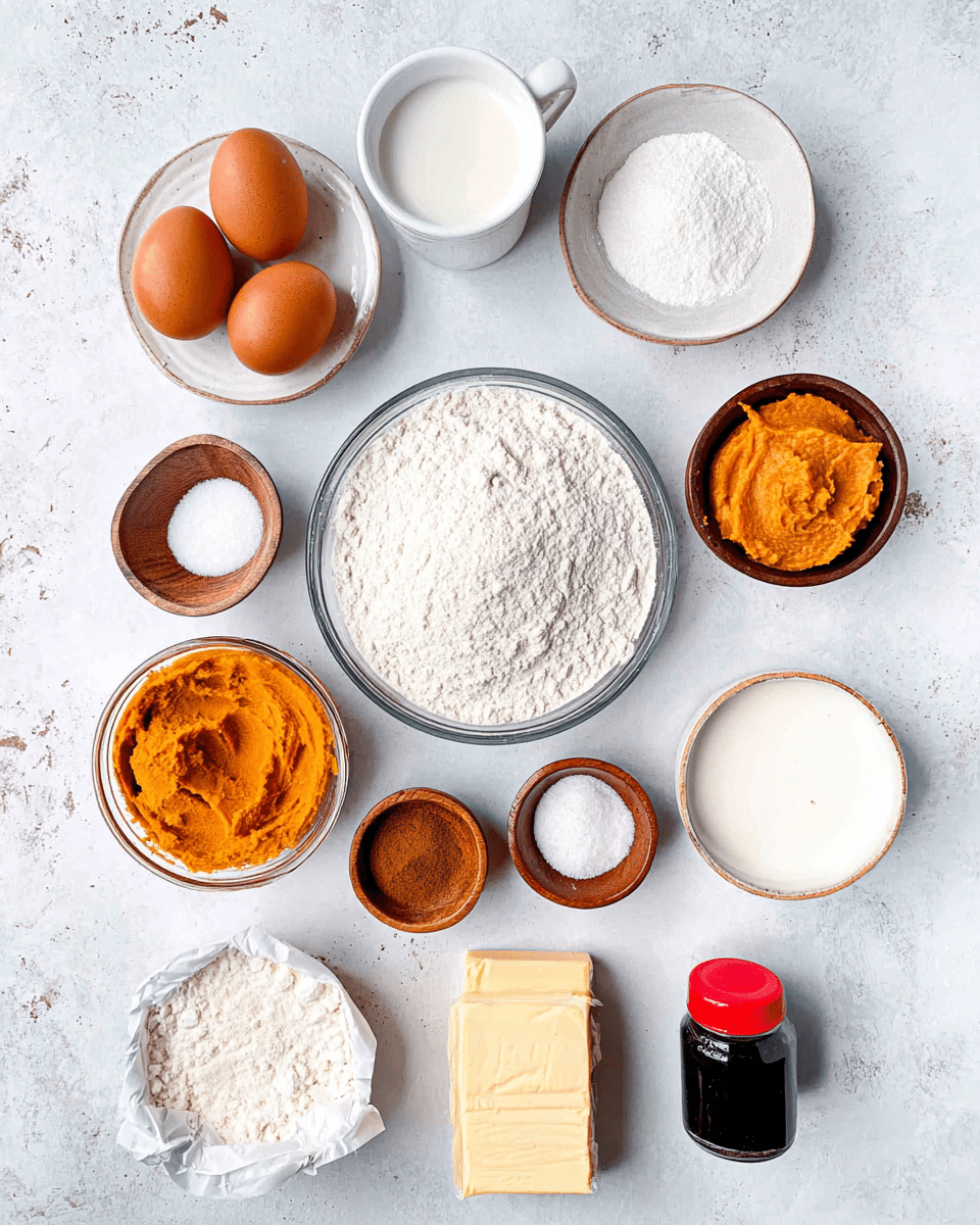 A top-down view of various baking ingredients neatly arranged on a white marbled surface. In the center is a clear glass bowl filled with white flour. Directly above it are three small white bowls: the left one with powdered sugar, the middle empty, and the right one filled with bright orange pumpkin puree. To the left of the flour bowl are three brown eggs, with a small white bowl of brown sugar below them and a cup of white liquid (milk) above. To the right of the flour bowl are three small brown wooden bowls containing white salt, beige and brown spices, and a tiny white bowl with white salt. Below, to the left, is a white bowl filled with granulated sugar. Next to it is a small black bottle with a red cap, and to the right are two blocks of yellow butter wrapped in paper and a white bowl of yogurt. The colors are soft and warm, with textures ranging from powdery sugar and flour to creamy pumpkin and smooth butter. Photo taken with an iphone --ar 4:5 --v 7