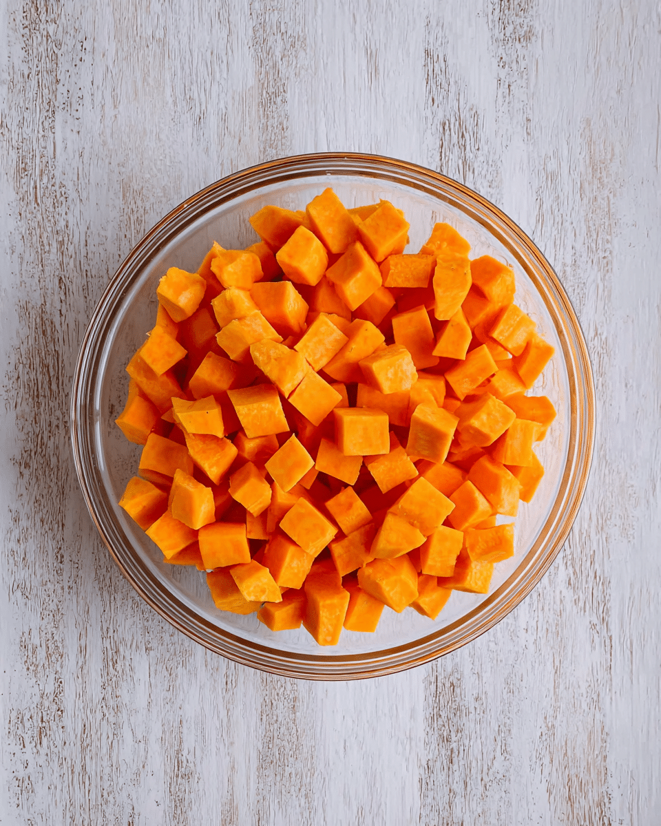 A top view of a clear glass bowl filled with many small cubes of bright orange sweet potatoes. The bowl sits on a white marbled textured surface that looks like wood. The sweet potato cubes are fresh and have a smooth texture with sharp edges. The bowl is full but not overflowing, showing the vibrant color of the cubes inside. photo taken with an iphone --ar 4:5 --v 7