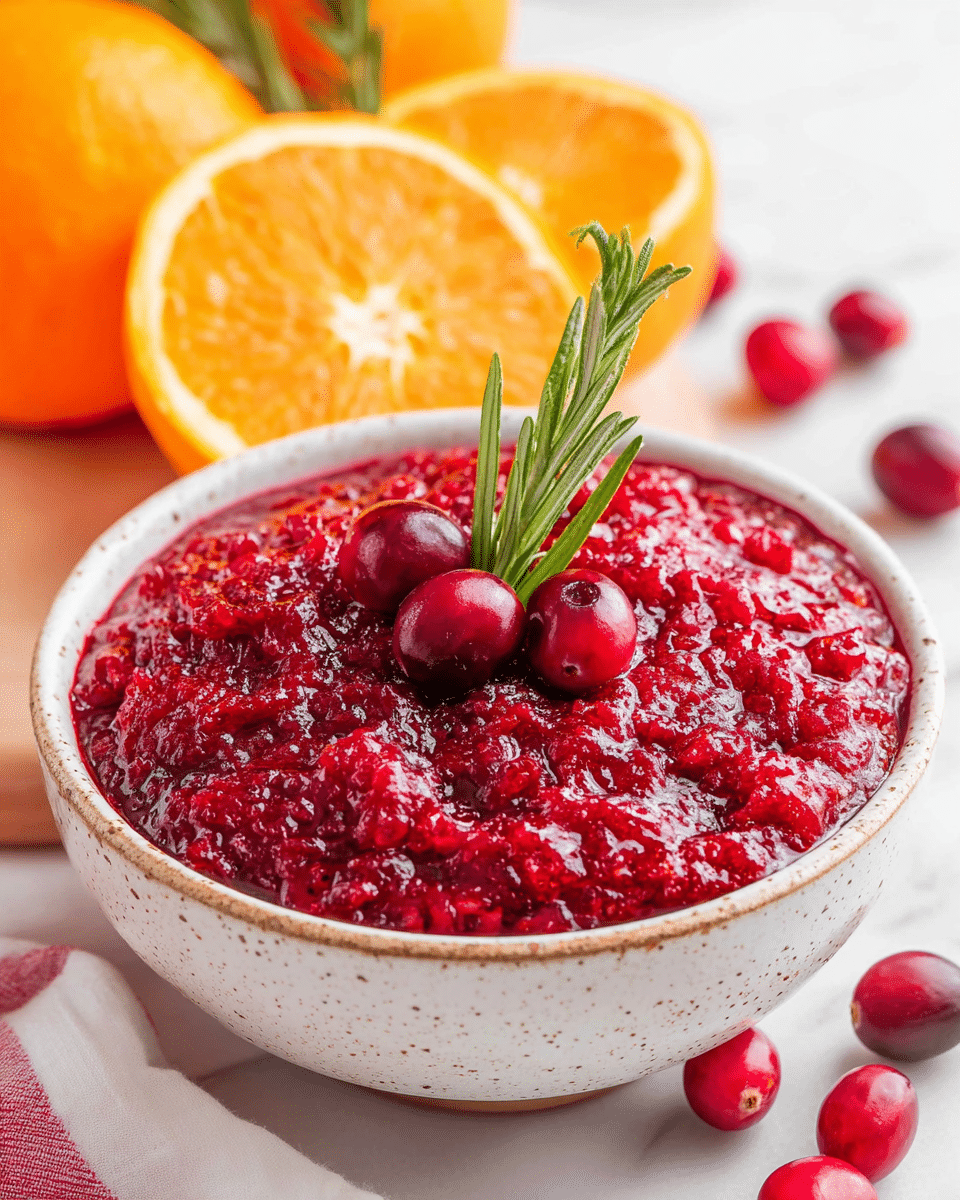 A white bowl with a speckled outer edge is filled with a thick, bright red sauce that has a slightly chunky texture with visible bits of fruit. On top of the sauce, there are three whole cranberries and a small sprig of green rosemary sticking up straight. In the background, there are orange halves with a vibrant orange color and green rosemary lying flat. Some loose cranberries are scattered near the bowl, all placed on a white marbled surface. A white napkin with red stripes is partially visible near the base of the bowl. photo taken with an iphone --ar 4:5 --v 7