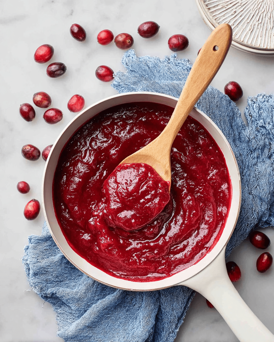 A white pan filled with thick, smooth, and shiny deep red cranberry sauce, with a wooden spoon resting inside and slightly lifting the sauce in the center, showing its dense texture; the pan sits on a white marbled surface, surrounded by fresh cranberries scattered around, and a blue cloth napkin is placed under the pan’s handle, with a white textured plate partially visible in the top right corner. photo taken with an iphone --ar 4:5 --v 7
