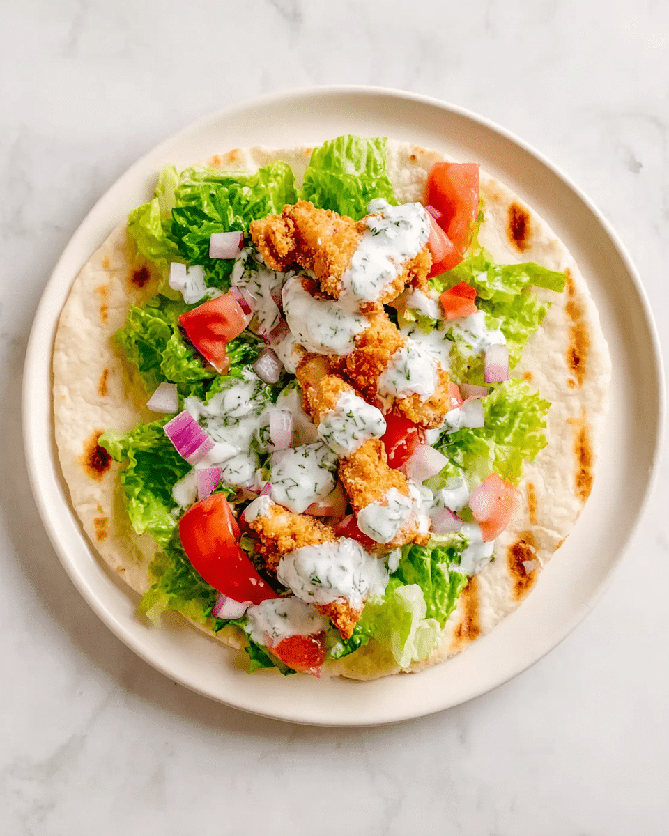 A white plate holds a flat round bread with light brown grill marks. On top of the bread, there is a layer of green lettuce spread evenly. Small pieces of red tomato and small diced white onion are scattered over the lettuce. On top of that, there are three pieces of light golden fried chicken strips placed in the middle. A thick white sauce with green herbs is spread over the chicken pieces. The plate is placed on a white marbled surface. photo taken with an iphone --ar 4:5 --v 7
