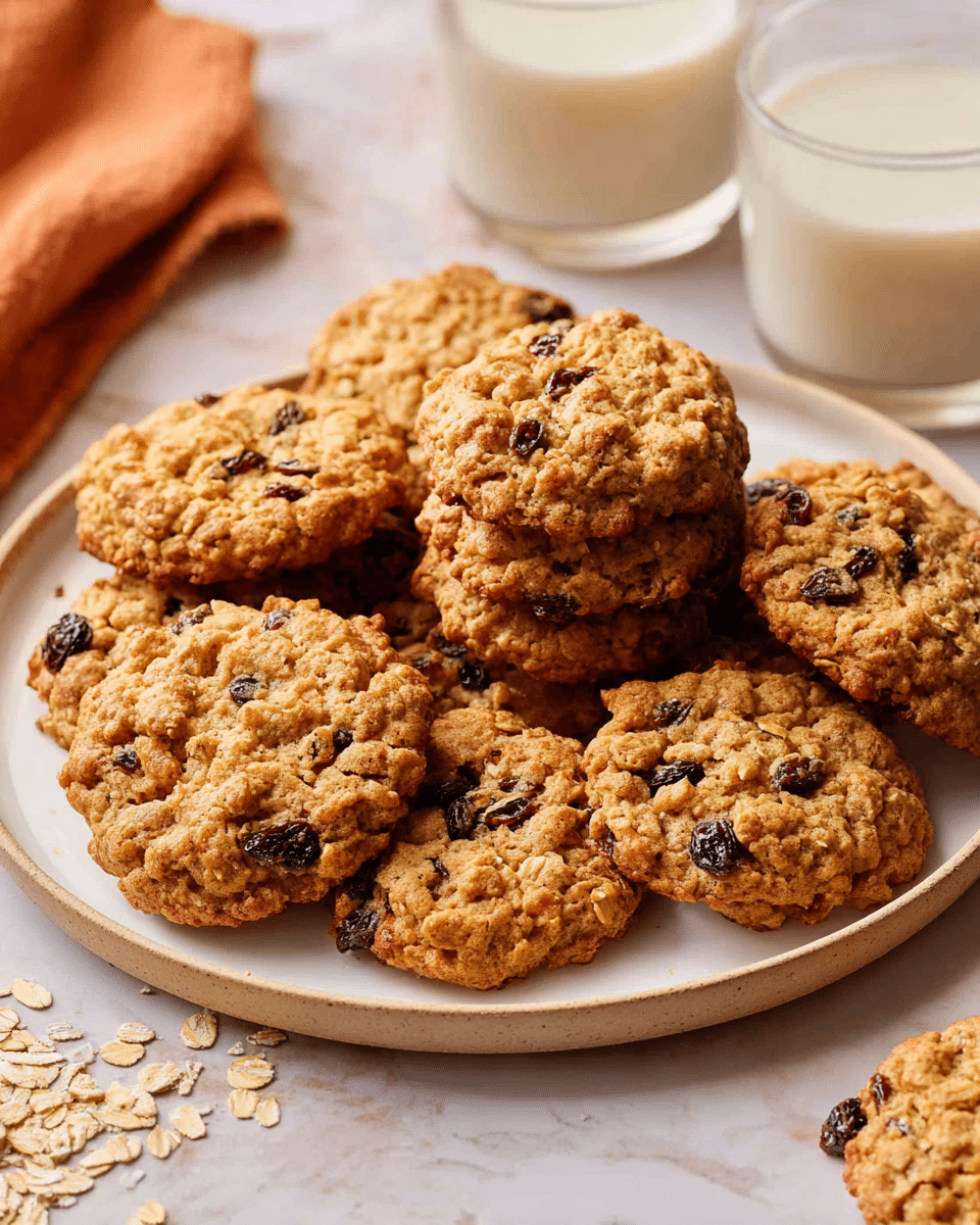 A white plate is filled with a pile of round oatmeal cookies that have a rough, crumbly texture. Each cookie is golden brown and speckled with dark raisins, oats, and bits of nuts, giving them a rustic look. The cookies are stacked casually with some slightly overlapping. In the background, there are two clear glasses filled with a creamy white drink, placed on a white marbled surface. A soft orange cloth lies to the left side of the plate, and scattered oats are visible on the surface around the plate. photo taken with an iphone --ar 4:5 --v 7