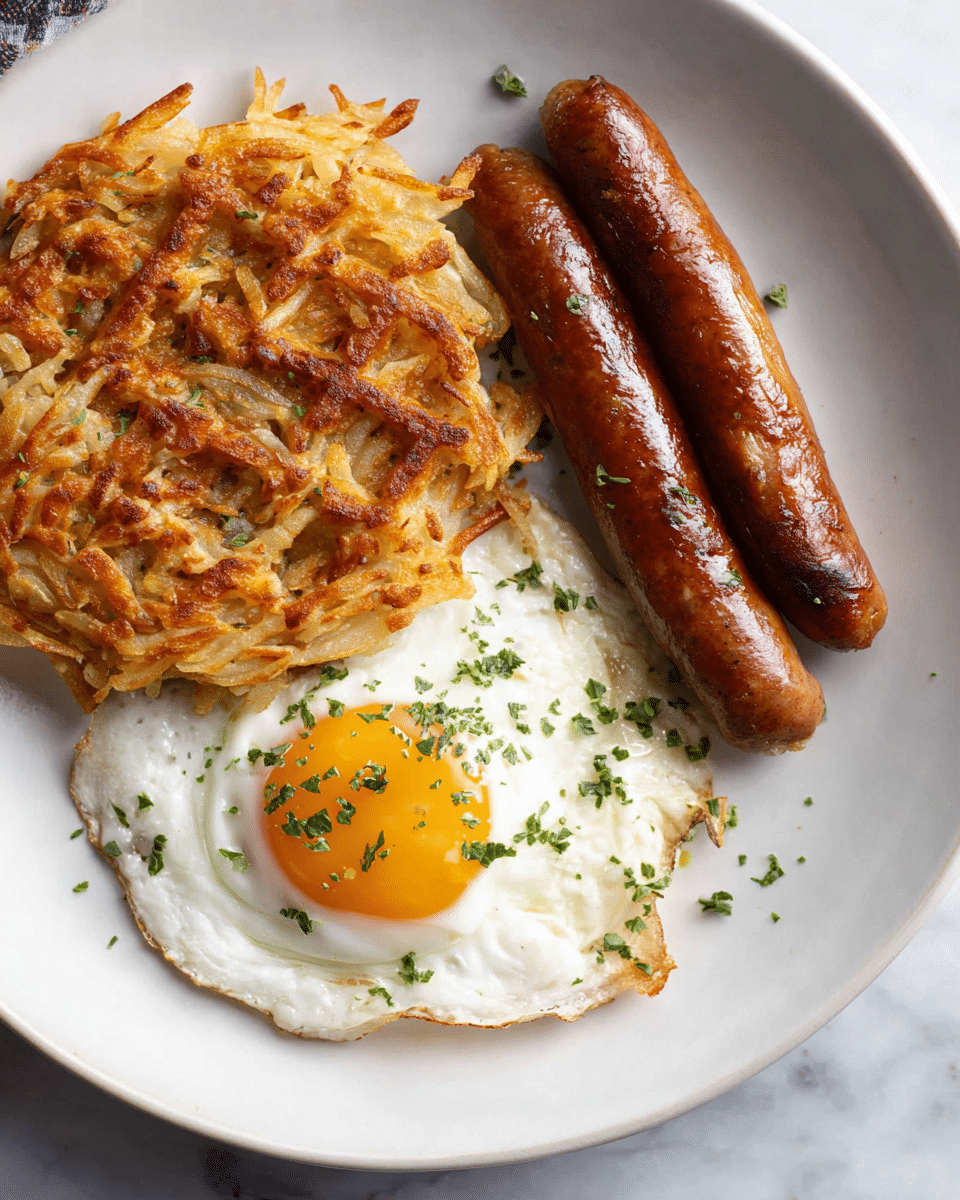 A white plate on a white marbled surface holds a breakfast with three main parts. On the left is a golden-brown hash brown patty made from thin, crispy potato strands, showing a mix of light and darker crispy areas. On the right side of the plate, there are three thick, brown sausages with a slightly shiny, cooked texture. Towards the bottom right, a sunny-side-up egg rests partly overlapping the hash brown, with bright white cooked edges and a soft, yellow yolk in the center, sprinkled with small green herb bits. Scattered green herbs lightly decorate the whole plate. Photo taken with an iphone --ar 4:5 --v 7