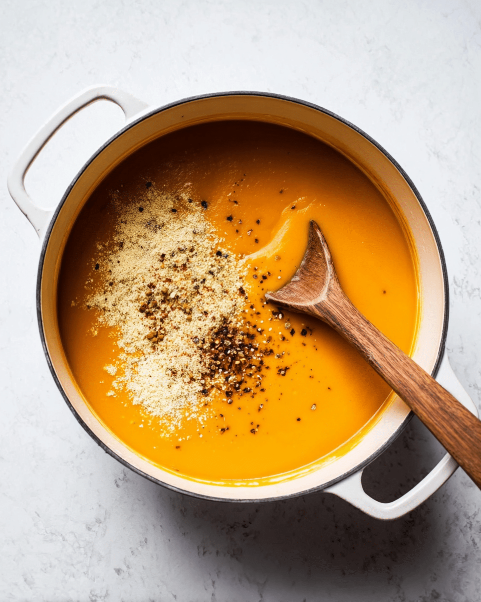 A white pot with two handles holds a smooth, thick orange soup filling most of the pot, topped with a mix of light beige powder and dark spices scattered in a line across the surface near the top edge, with a wooden spoon resting diagonally inside the soup from the top center. The pot sits on a white marbled textured surface. photo taken with an iphone --ar 4:5 --v 7