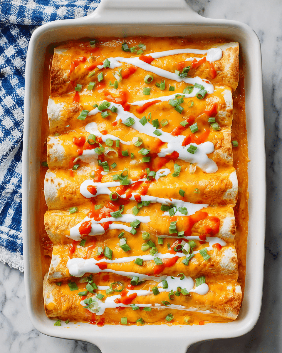 A white rectangular baking dish holds six rolled enchiladas laid side by side in two rows of three. The enchiladas are covered with a smooth layer of melted bright orange cheese sauce that has a shiny, creamy texture. On top, thick white ranch-like dressing is drizzled unevenly, creating soft swirls and lines across the dish. Vivid red-orange hot sauce is also drizzled over the cheese and sauce, adding sharp, bright streaks. Chopped green onions are scattered evenly on top, adding fresh green dots that contrast with the warm colors below. The dish sits on a white marbled surface with a blue and white checkered cloth tucked under one corner. Photo taken with an iphone --ar 4:5 --v 7