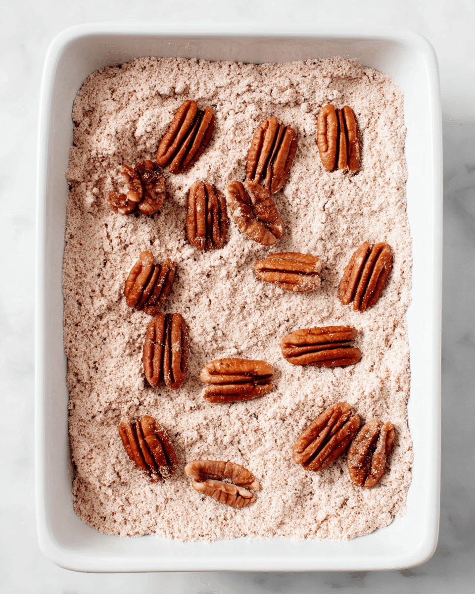 A white rectangular dish filled with a single layer of light pinkish beige powdery mixture, evenly spread across the entire surface. Scattered on top are several medium to large pecan halves showing their textured, slightly shiny, brown shells with natural grooves. The powder base has a grainy texture, and the pecans are placed randomly without any pattern. The dish is set against a white marbled background. photo taken with an iphone --ar 4:5 --v 7