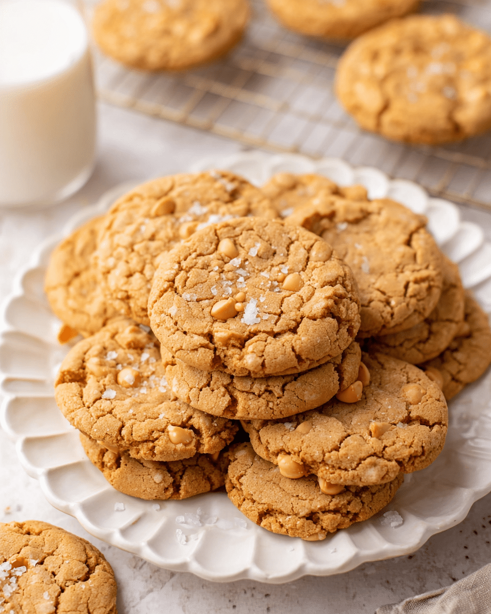 A white scalloped plate filled with about nine golden brown cookies stacked loosely, each cookie showing a rough, cracked texture with visible light peanut butter chips and sprinkled with small white flakes of salt. The cookies have a soft, crumbly look with uneven surfaces, and the plate sits on a white marbled texture with a metal cooling rack partially visible beneath it. In the background, more cookies and a glass of milk are softly blurred. Photo taken with an iphone --ar 4:5 --v 7