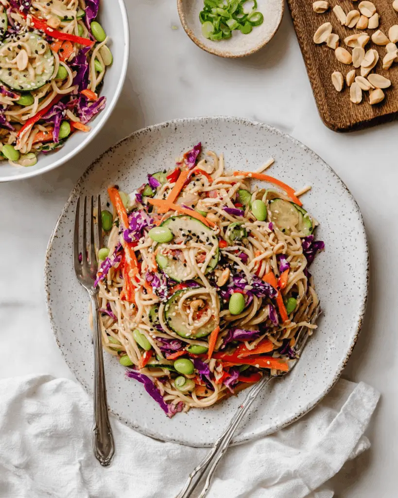 Cold Vegan Ramen Noodle Salad with Crunchy Vegetables and Peanut Tahini Dressing Recipe