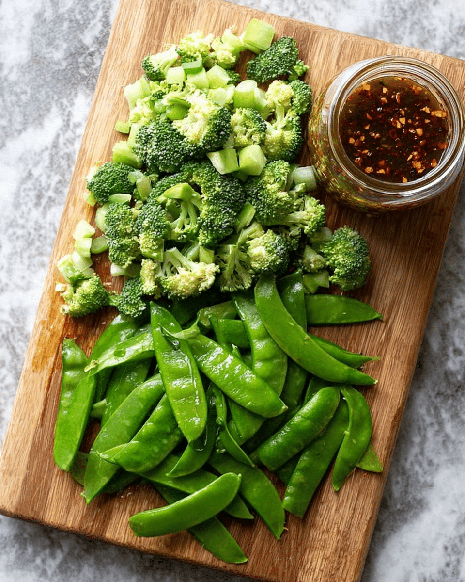 A wooden board is placed on a white marbled surface, holding two piles of fresh green vegetables and a small glass jar filled with a dark brown sauce with red flakes. The top pile contains chopped broccoli florets with bright green and light green shades. Below, there are many whole sugar snap peas with a smooth, shiny surface and a rich green color. The jar with the sauce rests at the top right corner of the board. Photo taken with an iphone --ar 4:5 --v 7