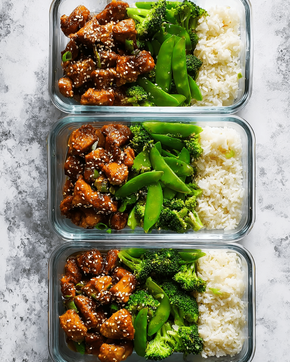 Four clear glass rectangular containers are arranged vertically on a white marbled surface, each filled with three main layers. The left layer consists of browned bite-sized chicken pieces coated in a glossy sauce and sprinkled with sesame seeds. The middle layer has bright green vegetables, including sugar snap peas and broccoli florets, fresh and vibrant in color. The right layer is plain white rice, fluffy and slightly packed, filling about one-third of each container. The layers are neatly separated and fill the containers evenly. photo taken with an iphone --ar 4:5 --v 7