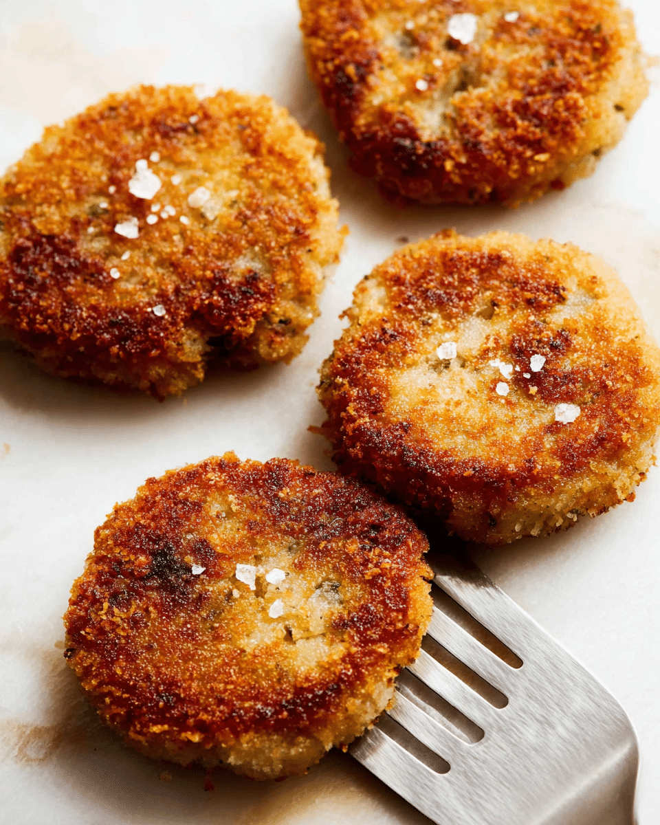 Four round, golden-brown fried patties with a crispy and crumbly texture are placed on a white marbled surface. Each patty is sprinkled lightly with coarse salt, adding small white flakes on the crunchy surface. The edges of the patties are uneven and crunchy, showing a rich brown color with hints of lighter golden areas. A silver slotted spatula, partially visible at the bottom, rests near the patties, suggesting they have just been lifted or arranged on the surface. photo taken with an iphone --ar 4:5 --v 7