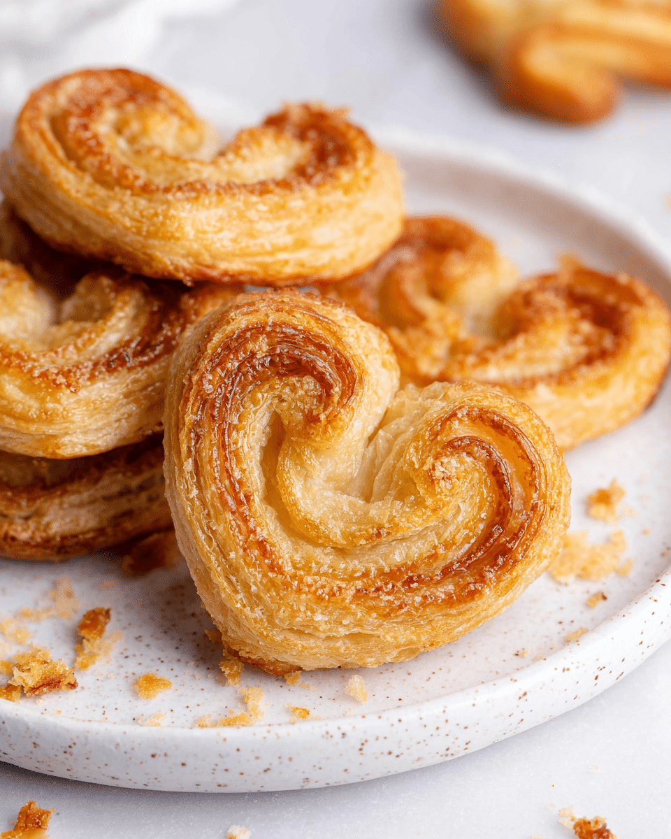 Several golden-brown palmier pastries are stacked on a white plate with speckles, placed on a white marbled surface. The pastries have a crispy, flaky texture with layered swirls that form a heart shape. One palmier sits in the foreground, showing its detailed layers and a shiny, slightly caramelized surface, while small crumbs surround the pastries. photo taken with an iphone --ar 4:5 --v 7