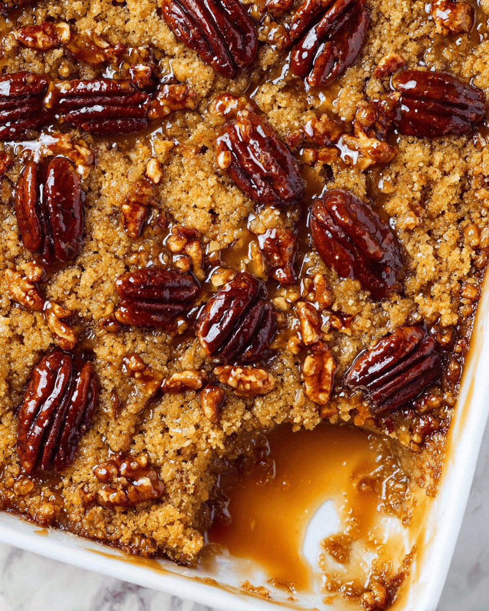 The dish shows one layer of crumbly golden topping with coarse texture covering a sticky caramel-like sauce underneath. Scattered on top are many whole pecans with shiny, dark brown surfaces that are glossy from a drizzle of amber syrup. The bottom right corner shows a portion missing, revealing a mix of the syrup and softer crumbly topping inside a white baking dish. The background is a white marbled texture. photo taken with an iphone --ar 4:5 --v 7