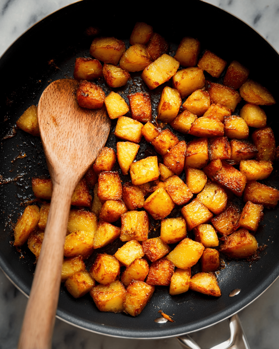 The image shows a black pan filled with small, golden-brown, crispy potato cubes that have a slightly rough texture from frying. A wooden spoon rests inside the pan on the left side over the potatoes. The potatoes have varied shades of brown and orange, giving a warm and appetizing look against the dark pan. The pan's background is a white marbled texture. photo taken with an iphone --ar 4:5 --v 7
