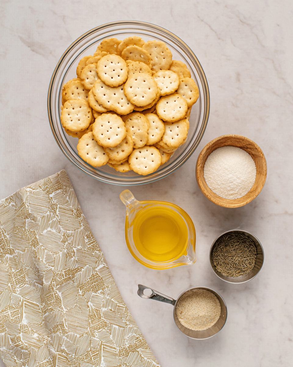 The image shows a clear glass bowl filled with small round crackers that are light golden in color, with visible small holes on each cracker. Below the bowl, there are four small containers arranged in a curved line, including a wooden bowl filled with white powder, a metal cup with yellow melted butter, a metal cup with brownish breadcrumbs, and another metal cup with dried green herbs. To the bottom left, a folded cloth with a beige and white geometric pattern is placed on a white marbled surface. photo taken with an iphone --ar 4:5 --v 7