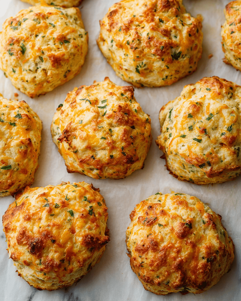 The image shows eight golden brown biscuits on white baking paper, arranged loosely in two rows on a white marbled surface. Each biscuit is round but uneven in shape, with a rough, bumpy texture on top. Flecks of green herbs and bits of orange cheese are visible throughout the biscuit dough. The biscuits have a slightly crispy, browned top layer and a soft-looking interior that peeks through some small cracks. Photo taken with an iphone --ar 4:5 --v 7