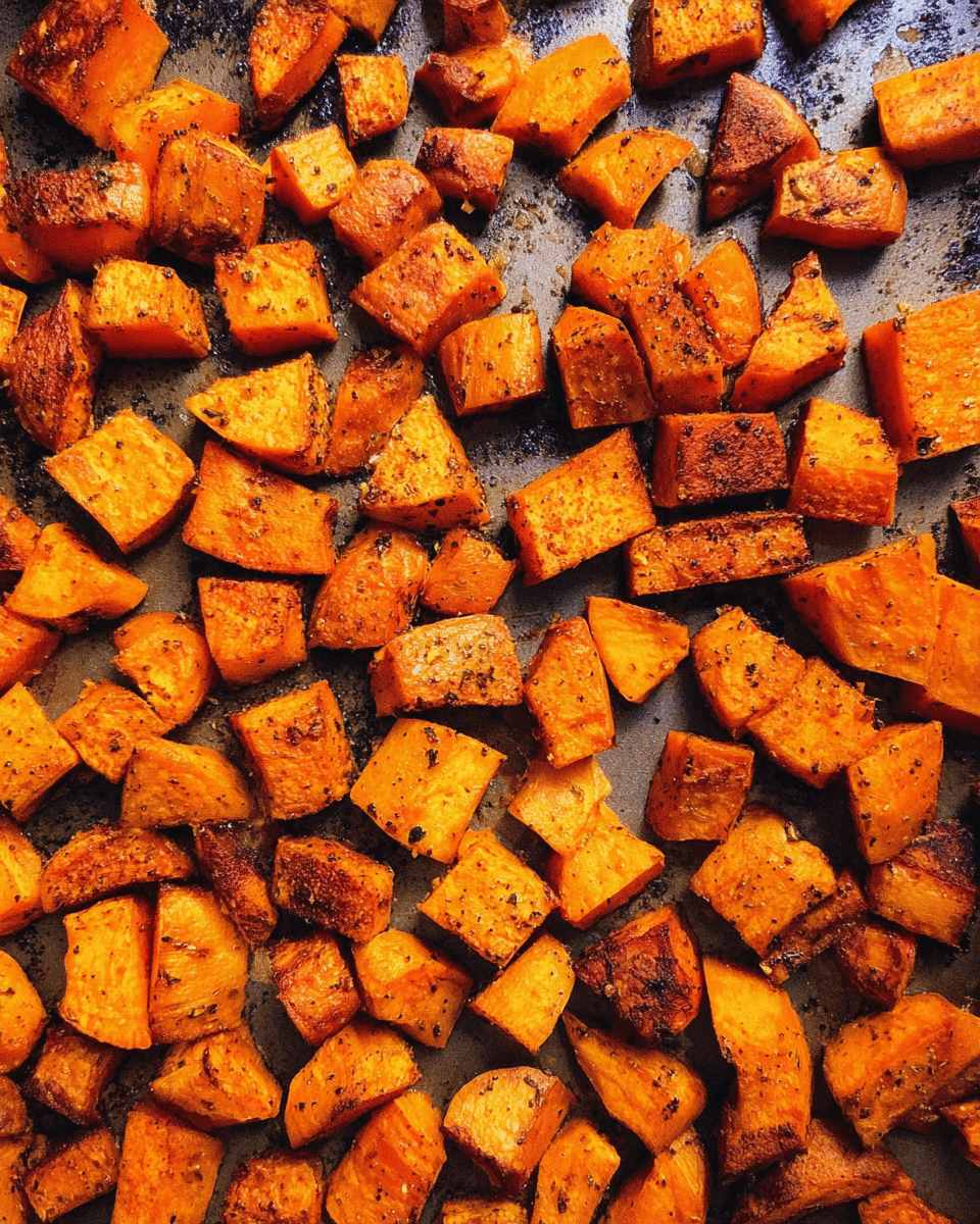 The image shows many roasted sweet potato pieces spread in one layer on a baking tray. Each piece has a warm orange color with some parts darker and slightly crisped, showing varied browning and texture from roasting. The sweet potatoes are cut into small cubes and irregular chunks, with a soft and slightly rough surface that has some specks of seasoning. The background is a white marbled texture that contrasts with the bright orange of the potatoes. photo taken with an iphone --ar 4:5 --v 7