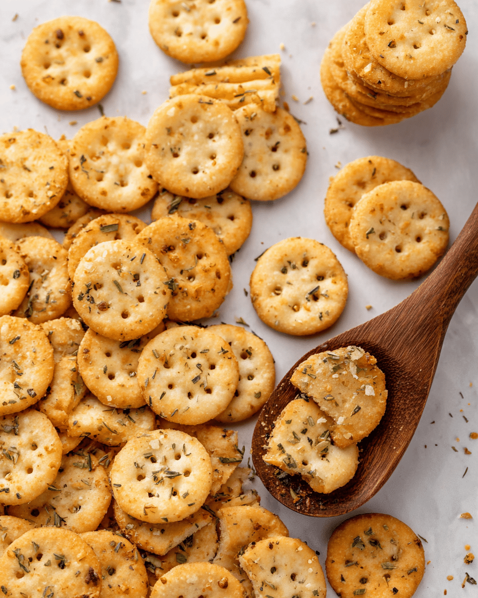 The image shows many round crackers that are light golden brown and have small holes on top, sprinkled with green herbs and spices. The crackers are scattered across a white marbled surface, with some stacked in small piles and others spread out singly. A wooden spoon filled with crackers sits on the right side, angled diagonally toward the center, holding a few crackers with a crunchy, crumbly texture. The cracker's surface has a mix of smooth and slightly rough patches from the seasoning. Photo taken with an iphone --ar 4:5 --v 7