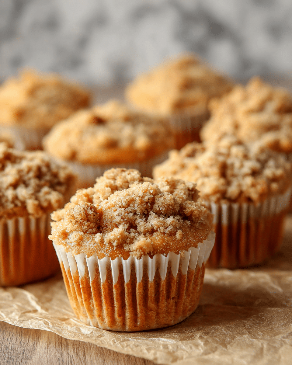The image shows nine muffins arranged closely together on crumpled parchment paper over a wooden surface. Each muffin has two clear layers: a light brown, soft cake base that is smooth and slightly risen, and a crumbly, golden brown streusel topping that looks crunchy and uneven, with larger crumbs scattered on top. The muffins are in white paper liners that have vertical folds running from the bottom to the top edge. The focus is sharp on the front muffins, showing the texture of both cake and crumbs, while the muffins in the background are slightly out of focus. The background is a white marbled texture. Photo taken with an iphone --ar 4:5 --v 7