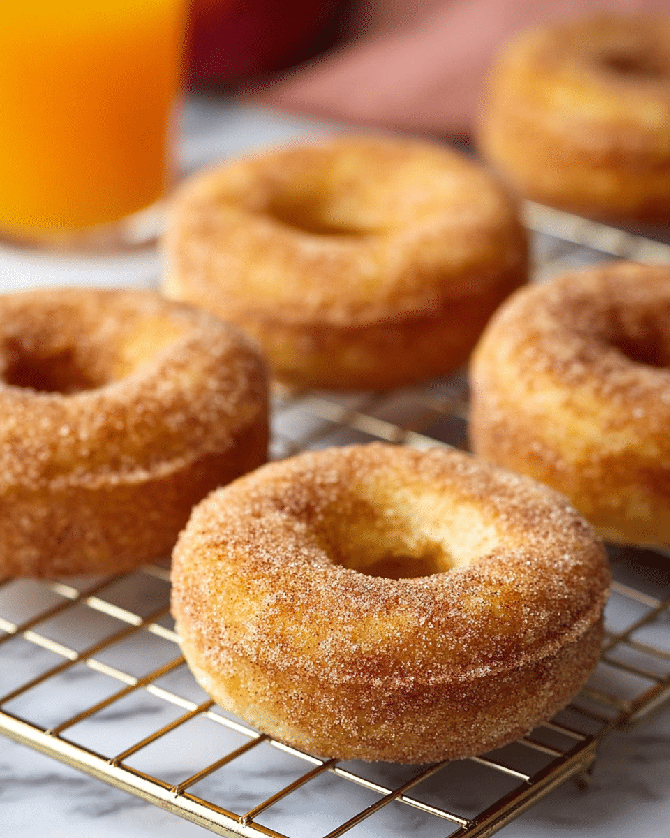 The image shows several golden-brown donuts with a hole in the middle, all covered in a layer of cinnamon sugar that gives a slightly grainy texture. The donuts are placed on a metal cooling rack over a white marbled surface. The donuts appear soft and round with a light crispy outside and a slightly uneven surface, showing a fresh baked look. Behind the donuts, there is a blurred glass with orange liquid adding a warm tone to the background. photo taken with an iphone --ar 4:5 --v 7
