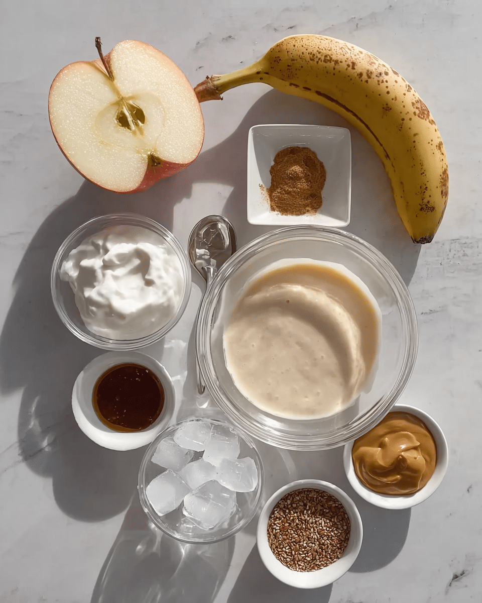 The image shows several ingredients arranged neatly on a white marbled surface. At the top left, there is a half apple with a pale yellow inside and red skin. To its right, a small white square bowl holds a brown powder. Next, a yellow banana with brown spots lies diagonally. Below the apple, there is a white bowl filled with thick white yogurt and a small silver spoon beside it. Two clear glass bowls occupy the center, one filled with creamy beige liquid and the other with chunks of ice. At the bottom, three small white bowls hold different items; the left one has a dark brown syrup, the middle one has small brown seeds, and the right one holds a creamy tan peanut butter. The lighting is soft and natural, enhancing the colors and textures of the items. Photo taken with an iphone --ar 4:5 --v 7