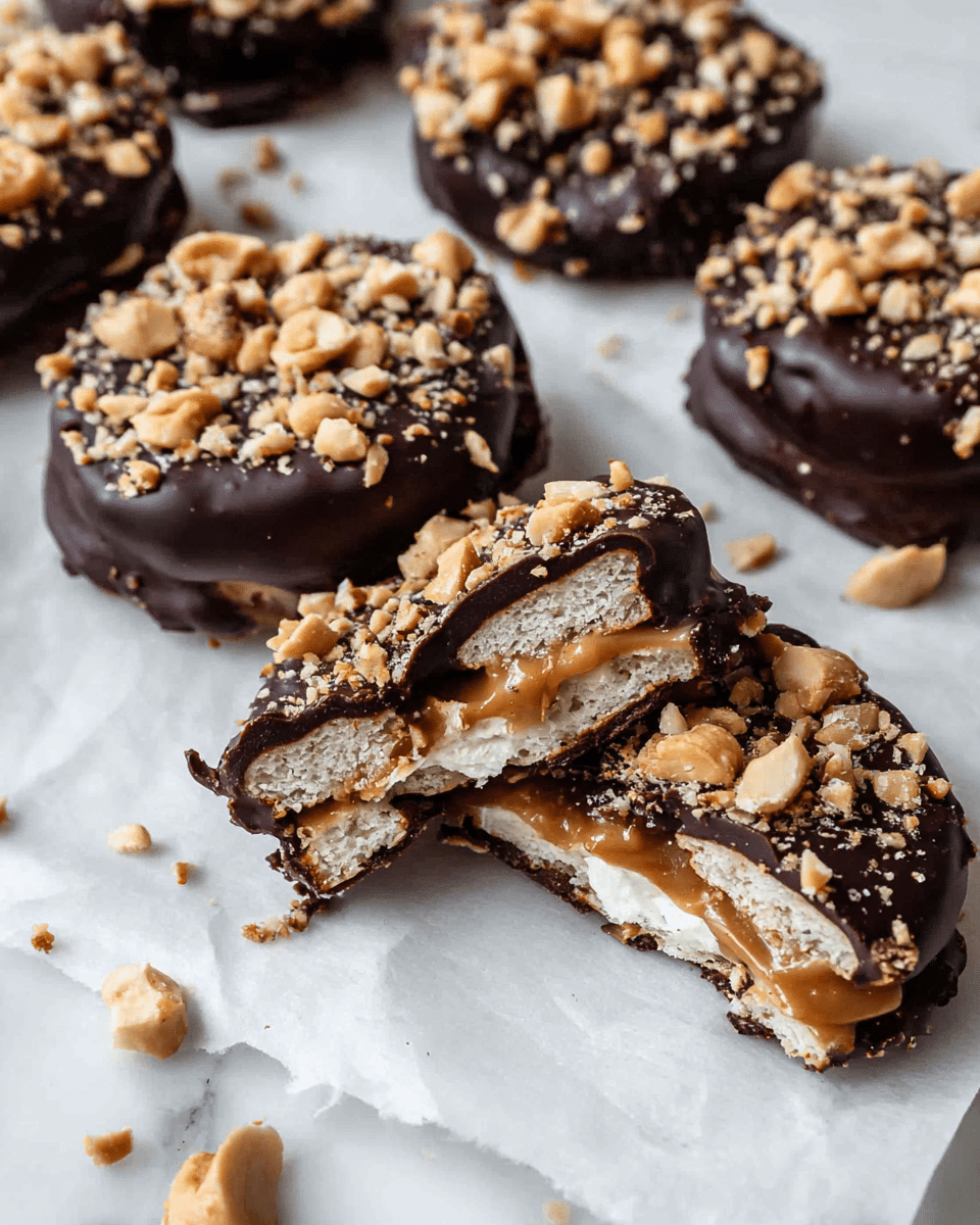 The image shows several round dark chocolate-covered treats arranged on white parchment over a white marbled surface. Each treat has a thick dark brown chocolate layer with a rough texture, coated generously with chopped light brown nuts on top. One piece in front is bitten, revealing two inner layers of light beige, crumbly crackers with a creamy caramel-like filling between them. Loose nut pieces scatter lightly around the treats, adding texture to the scene. Photo taken with an iphone --ar 4:5 --v 7