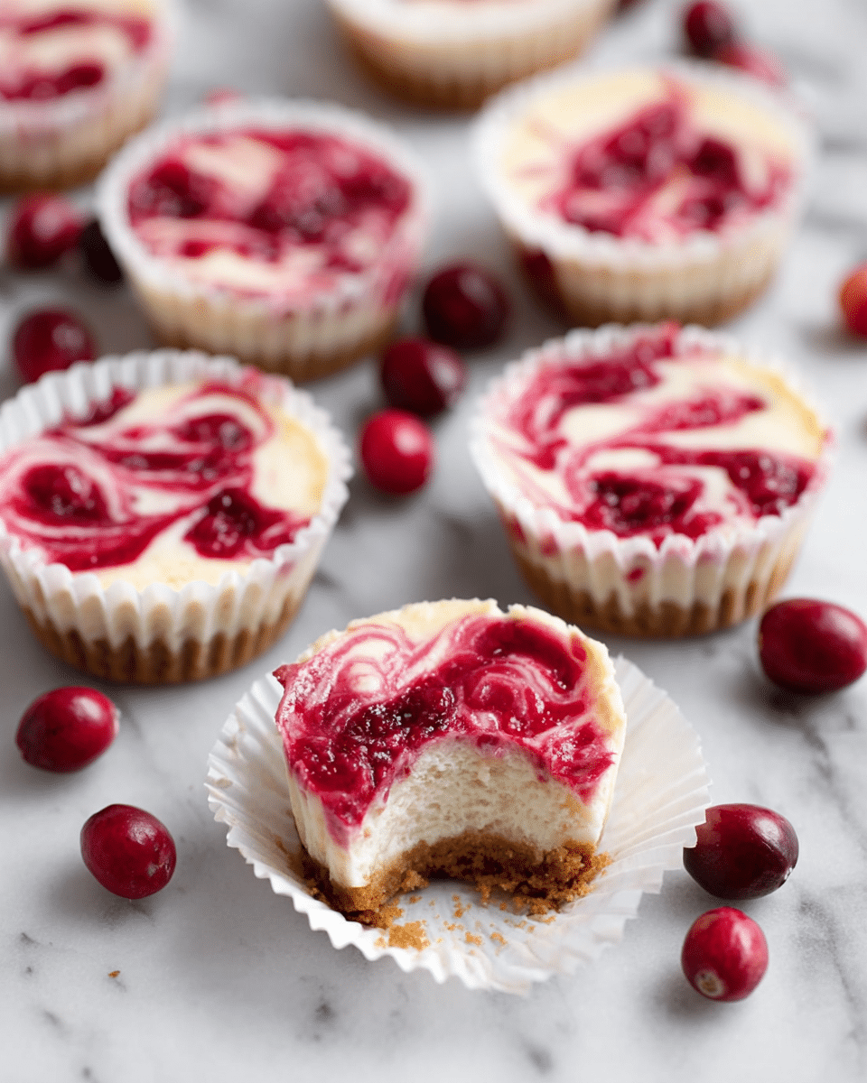 The image shows several small cheesecake cups arranged on a white marbled surface, each in a white paper liner. Each cheesecake has a bottom layer of light brown crust and a creamy white layer swirled with bright red cranberry sauce on top, creating a marbled effect. One cheesecake is in the front with the liner peeled back, revealing its bite taken out of the creamy top layer and crust. Around the cheesecakes are whole bright red cranberries scattered randomly. The overall look is clean, fresh, and inviting. photo taken with an iphone --ar 4:5 --v 7