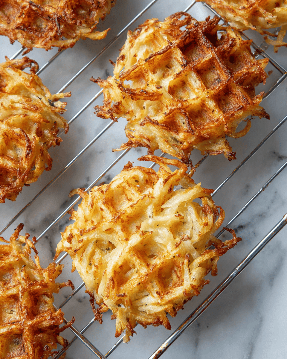 The image shows several small, round waffles made from shredded potatoes, each with an uneven, crispy texture. The waffles are light brown and golden in color with some darker spots, and the potato strands are slightly loose around the edges, showing a mix of firm and crispy parts. They are placed on a silver metal cooling rack, which is above a white marbled surface. The lighting highlights the crispiness and the texture of the potatoes in the waffles. photo taken with an iphone --ar 4:5 --v 7